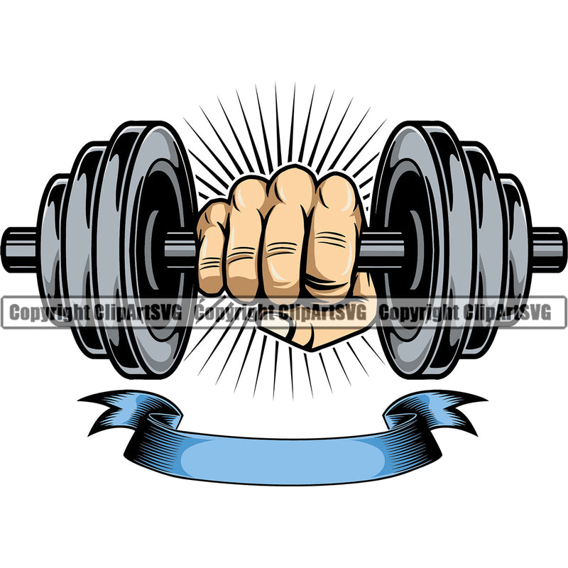 Bodybuilding Athlete Bodybuilder Fitness Trainer Gym Workout Training Muscle Sport Bodybuild Train Health Healthy Lifestyle Weightlifting Hand Holding Dumbbell With Sun Ribbon Weight Bar Flex Fit Body Color Art Design Logo Clipart SVG