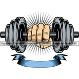 Bodybuilding Athlete Bodybuilder Fitness Trainer Gym Workout Training Muscle Sport Bodybuild Train Health Healthy Lifestyle Weightlifting Hand Holding Dumbbell With Sun Ribbon Weight Bar Flex Fit Body Color Art Design Logo Clipart SVG