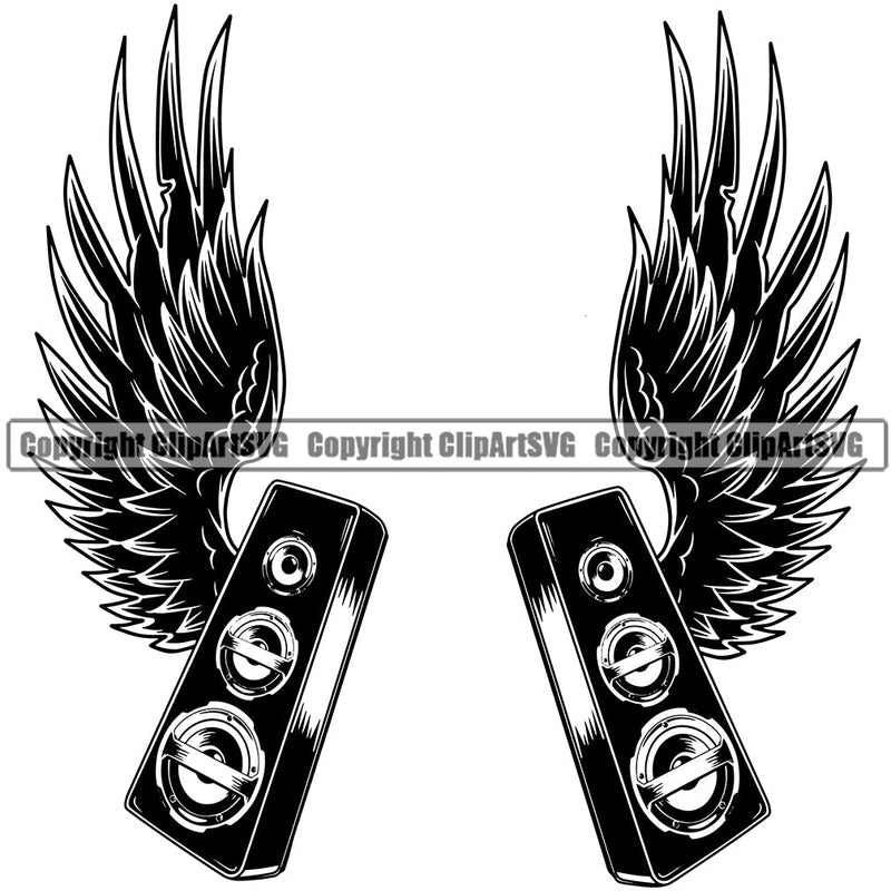 DJ Disc Jockey Music Vinyl Turntable Record Player Mixer Mixing Spin Spinning Scratch Scratching Album Club Sound Radio Dee Jay Stereo Beat Maker Audio Speaker Wings Equipment System Sub Woofer Bass Silhouette Art Design Logo Clipart SVG