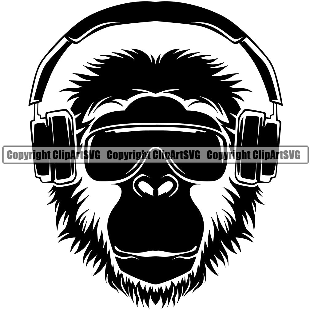 DJ Disc Jockey Music Vinyl Turntable Record Player Mixer Mixing Spin Spinning Scratch Scratching Club Sound Radio Dee Jay Stereo Beat Maker Monkey Wearing Headphones Sunglasses Wave Studio Headset Gorilla Monkey Silhouette Art Design Logo Clipart SVG