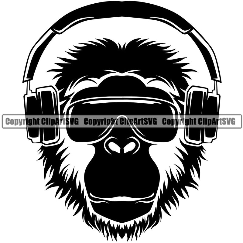 DJ Disc Jockey Music Vinyl Turntable Record Player Mixer Mixing Spin Spinning Scratch Scratching Club Sound Radio Dee Jay Stereo Beat Maker Monkey Wearing Headphones Sunglasses Wave Studio Headset Gorilla Monkey Silhouette Art Design Logo Clipart SVG