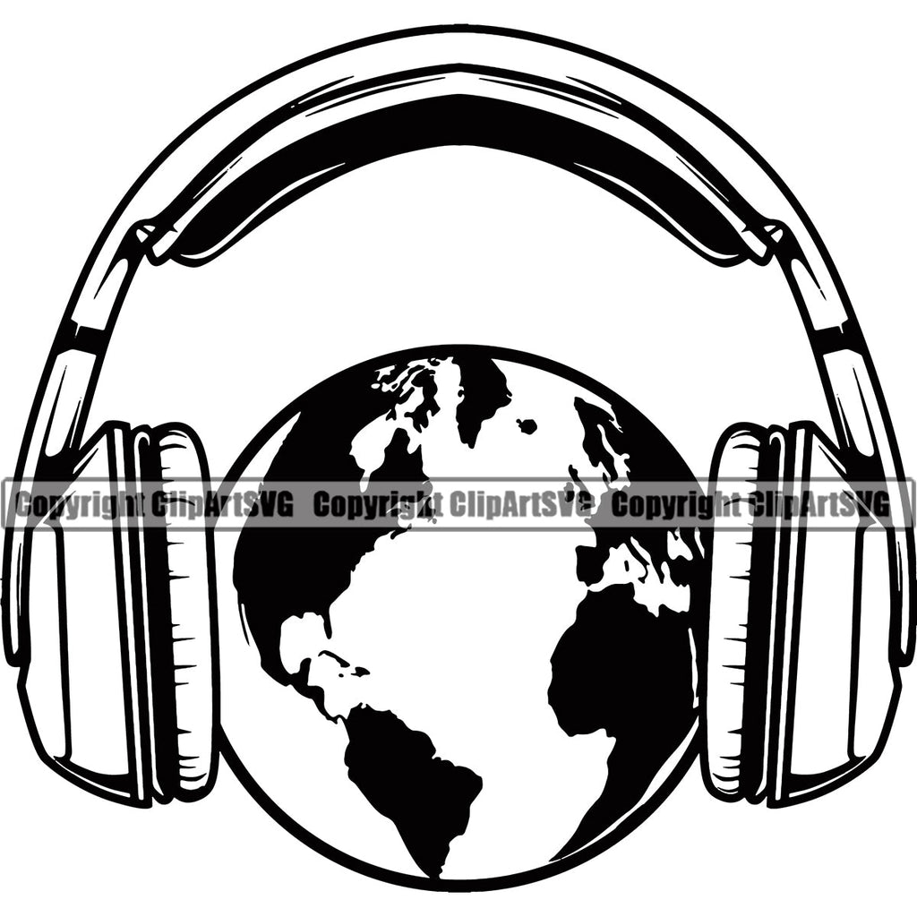 DJ Disc Jockey Music Vinyl Turntable Record Player Mixer Mixing Spin Spinning Scratch Scratching Album Club Sound Radio Dee Jay Stereo Beat Maker Headphones World Wave Wireless Studio Headset World Earth Concept Silhouette Art Design Logo Clipart SVG