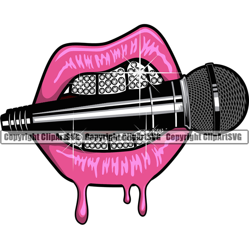 Microphone Mic Audio Equipment Music Sound Rap Hip Hop Karaoke Entertainment Studio Radio Voice Speech Sing Record Media Broadcasting Concert Broadcast Vocal Vocalist Announce Sexy Lips Diamond Teeth Drip Dripping Art Color Design Logo Clipart SVG
