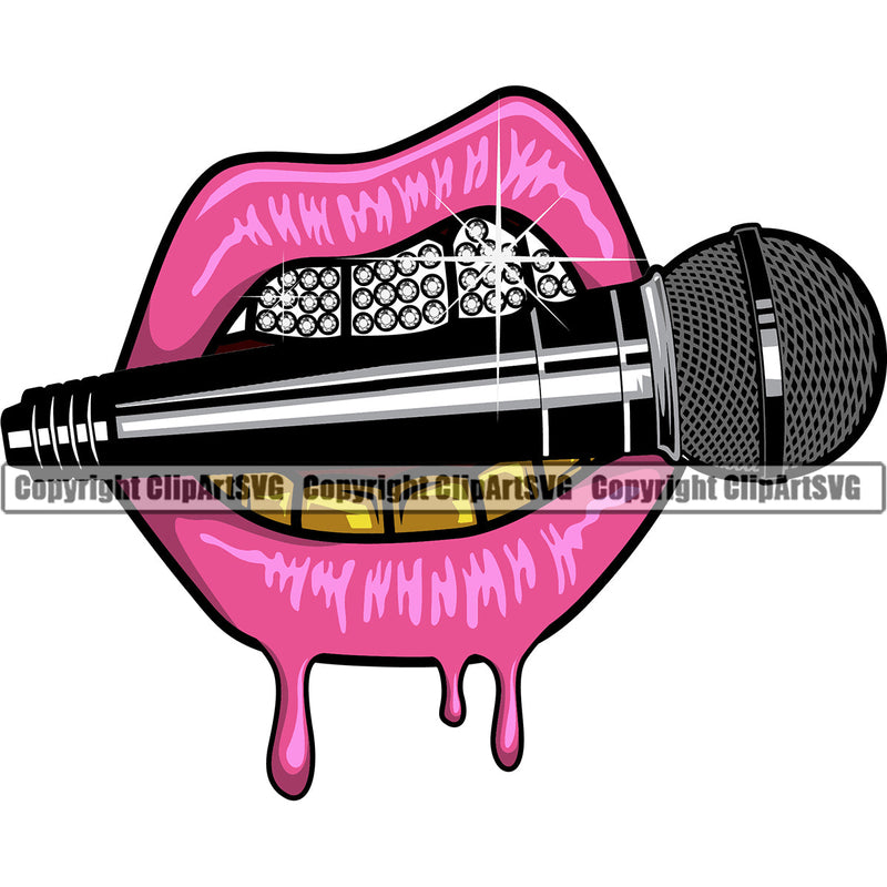 Microphone Mic Audio Equipment Music Sound Rap Hip Hop Karaoke Entertainment Studio Radio Voice Speech Sing Record Media Broadcast Vocal Vocalist Announce Sexy Lips Gloss Bite Gold Diamond Teeth Drip Dripping Woman Art Color Design Logo Clipart SVG