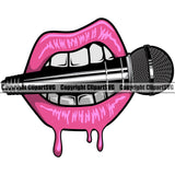 Microphone Mic Audio Equipment Music Sound Rap Hip Hop Karaoke Entertainment Studio Radio Voice Speech Sing Record Media Broadcast Vocal Vocalist Announce Sexy Lips Bite Teeth Mouth Drip Dripping Woman Art Silhouette Design Logo Clipart SVG
