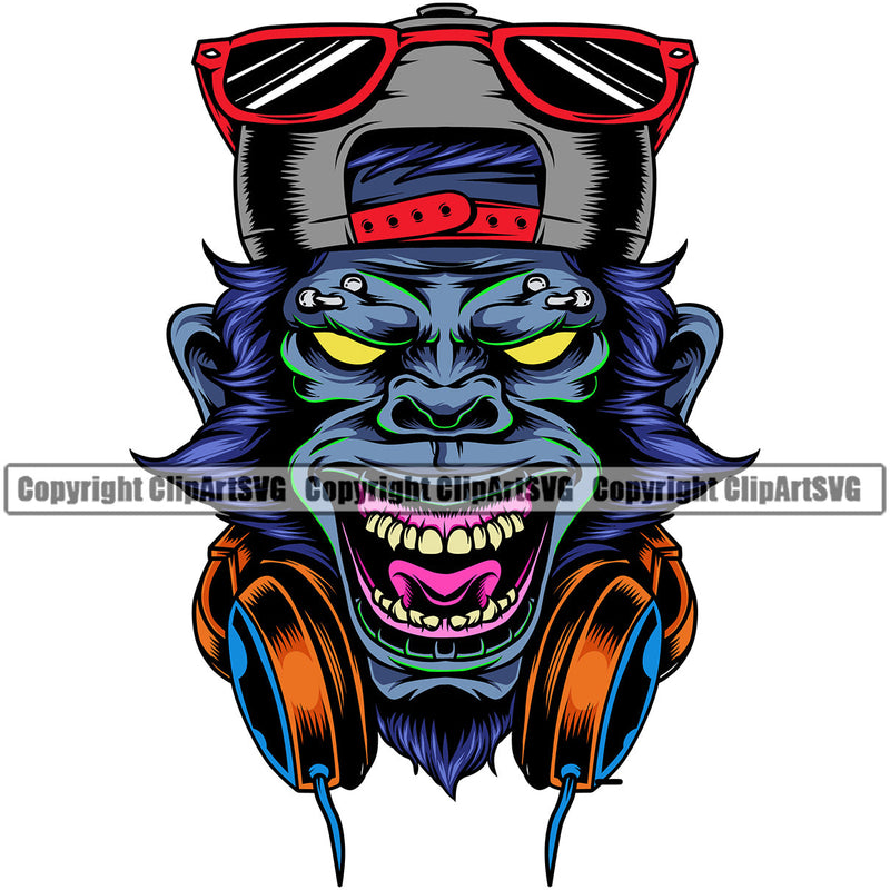 DJ Disc Jockey Music Vinyl Turntable Record Player Mixer Mixing Spinning Spin Scratch Scratching Album Club Sound Radio Dee Jay Stereo Beat Maker Crazy Monkey Deejay Hat Cap Headphones Eye Piercing Color Art Design Logo Clipart SVG