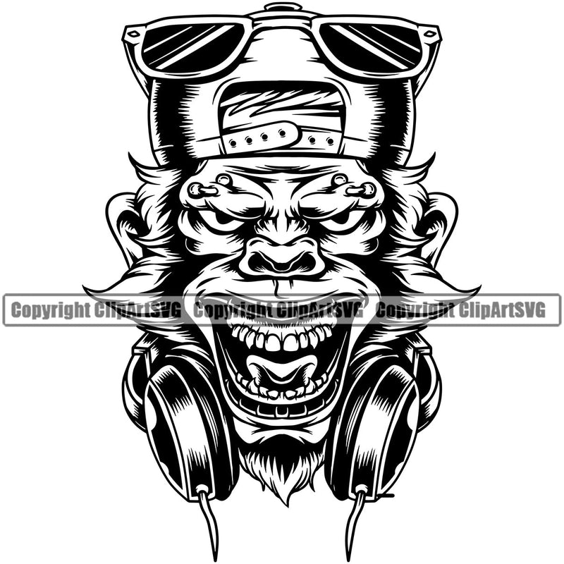 DJ Disc Jockey Music Vinyl Turntable Record Player Mixer Mixing Spin Spinning Scratch Scratching Album Club Sound Radio Dee Jay Stereo Beat Maker Crazy Monkey Deejay Hat Cap Headphones Eye Piercing Silhouette Art Design Logo Clipart SVG