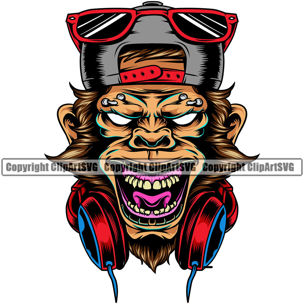 DJ Disc Jockey Music Vinyl Turntable Record Player Mixer Mixing Spin Spinning Scratch Scratching Album Club Sound Radio Dee Jay Stereo Beat Maker Crazy Monkey Deejay Hat Cap Headphones Eye Piercing Color Art Design Logo Clipart SVG