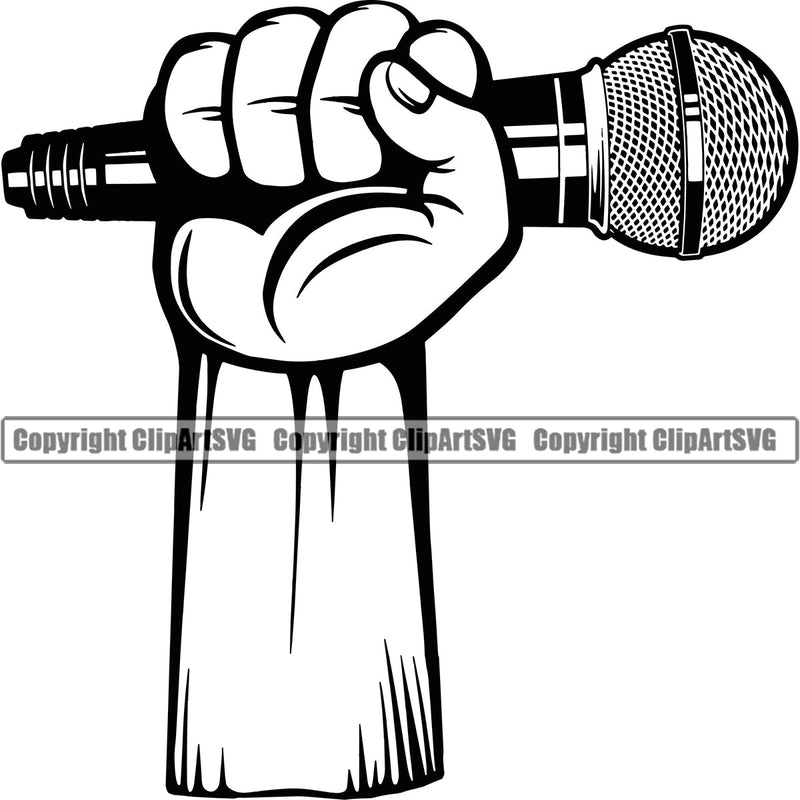 Microphone Mic Audio Equipment Music Sound Communication Karaoke Entertainment Studio Voice Radio Speech Sing Record Media Broadcast Vocal Vocalist Announce Announcer Black Hand Holding Hip Hop Rap Rapper Singer Art Color Design Logo Clipart SVG