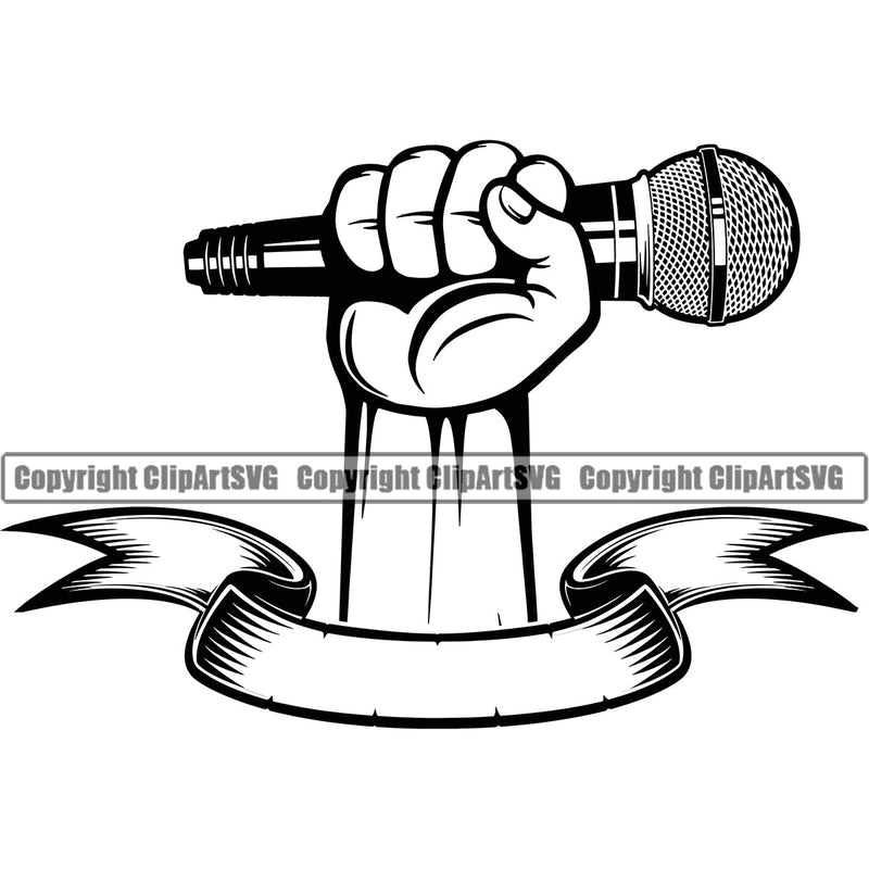 Microphone Mic Audio Equipment Music Sound Communication Karaoke Entertainment Studio Voice Radio Speech Sing Record Media Broadcast Vocalist Vocal Announcer Announce Black Hand Holding Hip Hop Rap Rapper Singer Color Art Design Logo Clipart SVG