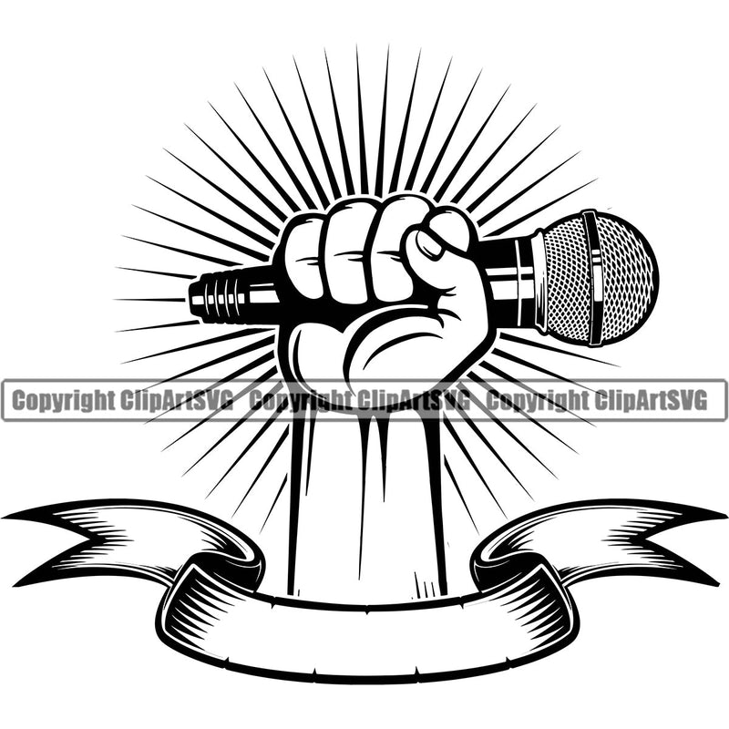 Microphone Mic Audio Equipment Music Sound Communication Karaoke Entertainment Studio Radio Voice Speech Sing Record Media Broadcast Vocal Vocalist Announce Announcer Hand Holding Hip Hop Rapper Rap Singer With Ribbon Color Art Design Logo Clipart SVG