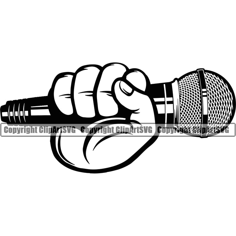 Microphone Mic Audio Equipment Music Sound Communication Karaoke Entertainment Studio Radio Voice Speech Sing Record Media Broadcast Vocalist Vocal Announcer Announce Black Hand Holding Hip Hop Rap Rapper Singer Color Art Design Logo Clipart SVG