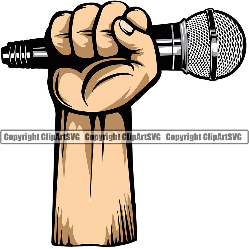 Microphone Mic Audio Equipment Music Sound Communication Karaoke Entertainment Studio Radio Voice Speech Sing Record Media Broadcast Vocalist Vocal Announce Announcer Black Hand Holding Hip Hop Rap Rapper Singer Art Color Design Logo Clipart SVG