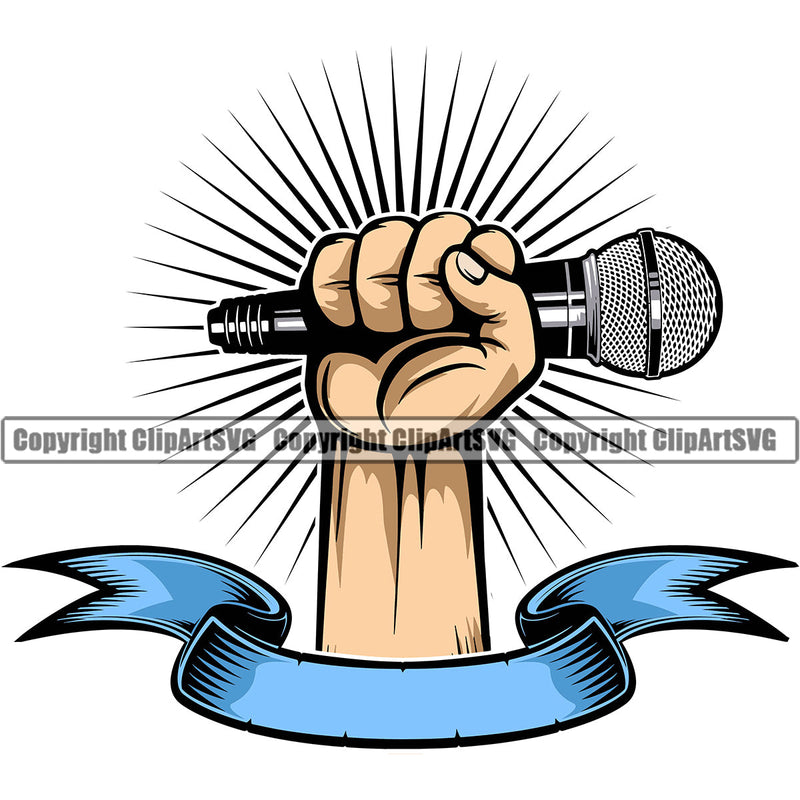 Microphone Mic Audio Equipment Music Sound Communication Karaoke Entertainment Studio Radio Voice Record Media Broadcast Vocal Vocalist Announce Announcer Black Hand Holding Hip Hop Rap Rapper Singer With Ribbon Art Color Design Logo Clipart SVG