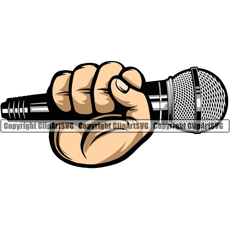 Microphone Mic Audio Equipment Music Sound Communication Karaoke Entertainment Studio Radio Voice Speech Sing Record Media Broadcast Vocal Vocalist Announcer Announce Black Hand Holding Hip Hop Rap Rapper Singer Art Color Design Logo Clipart SVG