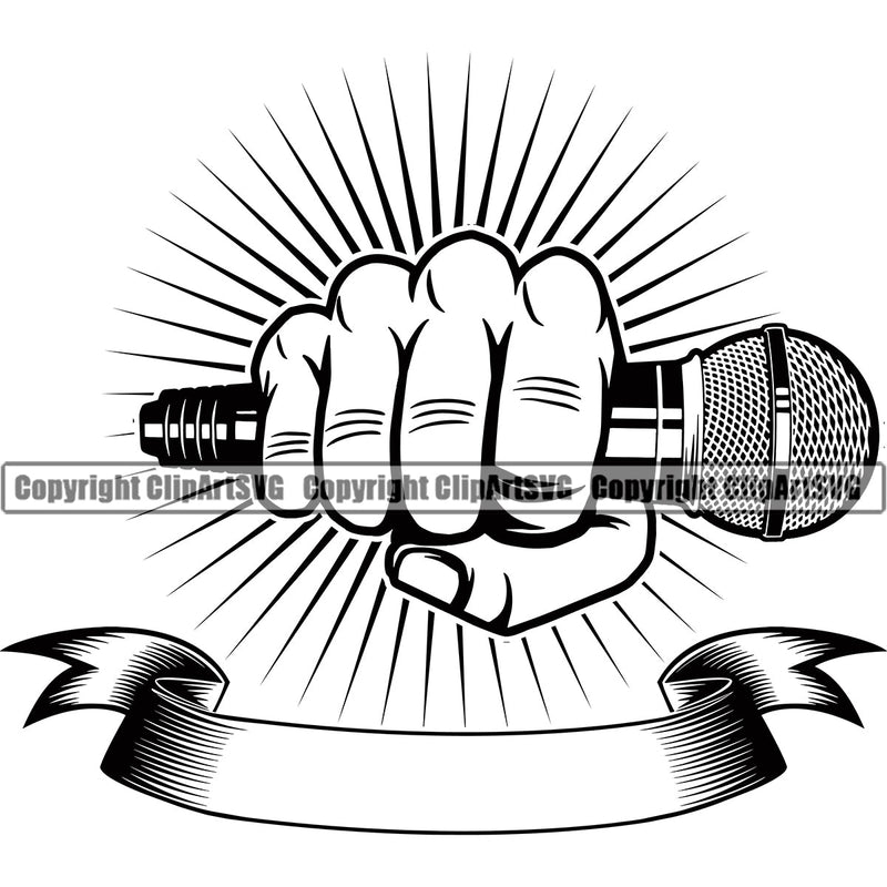 Microphone Mic Audio Equipment Music Sound Communication Karaoke Entertainment Studio Radio Voice Speech Sing Record Media Broadcast Vocal Vocalist Announcer Announce Hand Holding Hip Hop Rap Rapper Singer With Ribbon Color Art Design Logo Clipart SVG