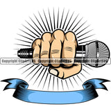 Microphone Mic Audio Equipment Music Sound Communication Karaoke Entertainment Studio Radio Voice Speech Sing Record Media Broadcast Vocalist Vocal Announce Announcer Hand Holding Hip Hop Rap Rapper Singer With Ribbon Color Art Design Logo Clipart SVG