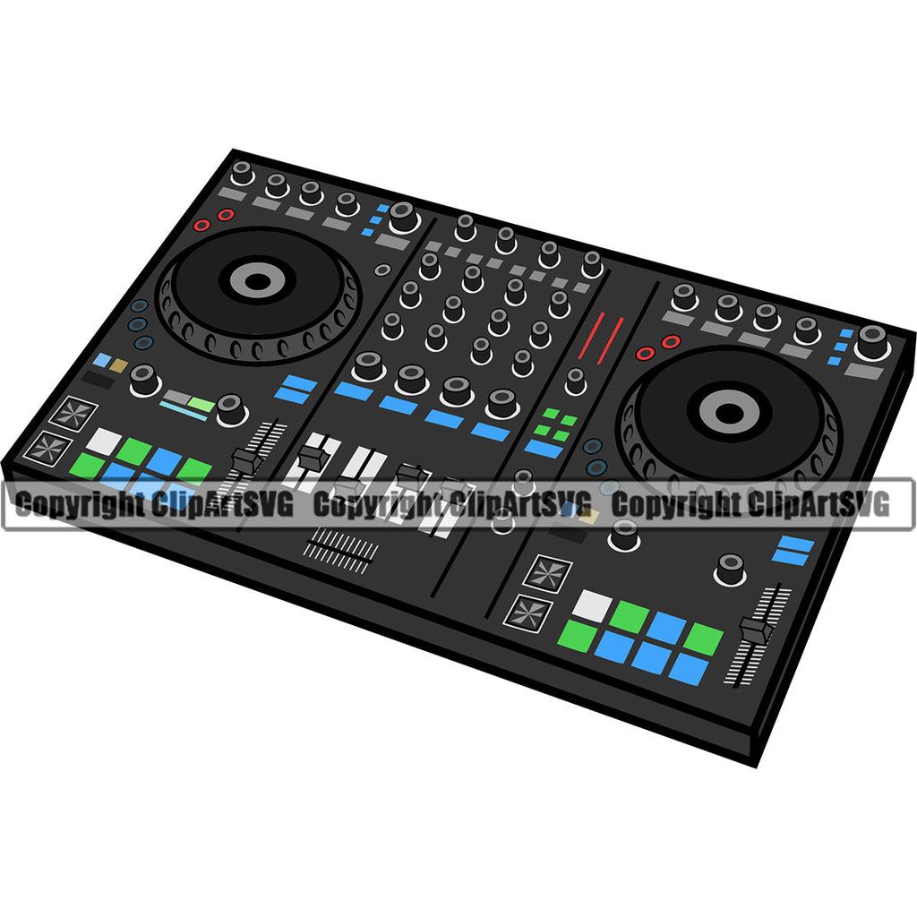 DJ Disc Jockey Music Vinyl Turntable Record Player Mixer Mixing Spin Spinning Scratch Scratching Album Club Sound Radio Dee Jay Stereo Beat Maker CD Compact Setup Modern Audio Color Art Design Logo Clipart SVG