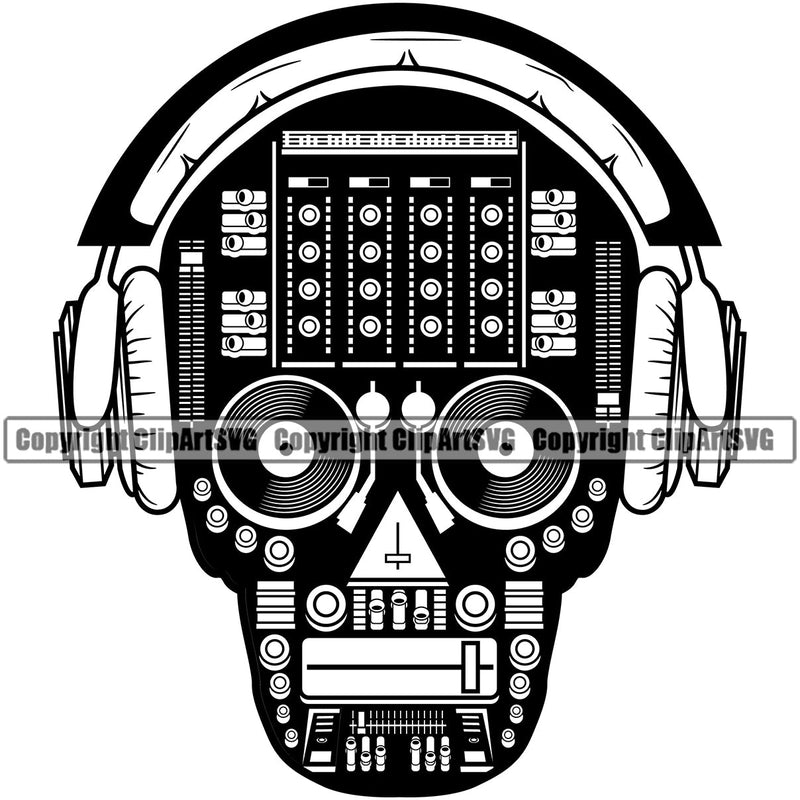 DJ Disc Jockey Music Vinyl Turntable Record Player Mixer Mixing Spin Spinning Scratch Scratching Album Club Sound Radio Dee Jay Stereo Beat Maker Skull Headphones Deejay Silhouette Art Design Logo Clipart SVG