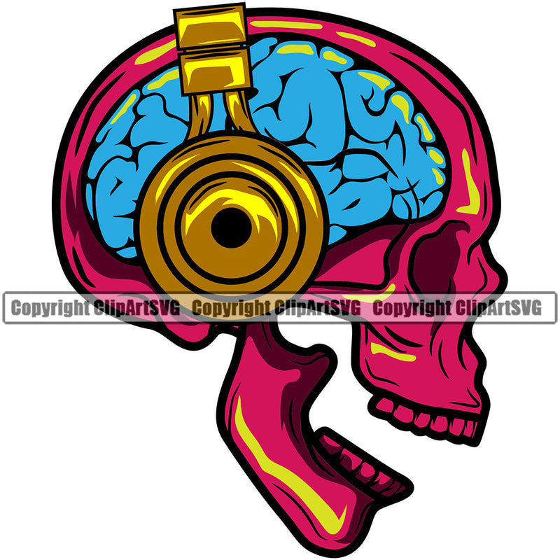 DJ Skull Skeleton Head Disc Jockey Music Vinyl Turntable Record Player Mixer Mixing Spin Spinning Scratch Scratching Album Club Sound Radio Dee Jay Stereo Beat Maker Headphones Brain Deejay Color Art Design Logo Clipart SVG