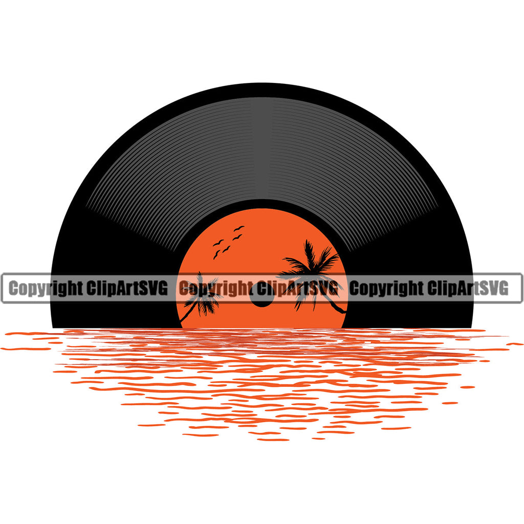 DJ Disc Jockey Music Vinyl Turntable Record Sunset Beach Paradise Player Mixer Mixing Spin Spinning Scratch Scratching Album Club Sound Radio Dee Jay Stereo Beat Maker Hits Smash Break Color Art Design Logo Clipart SVG