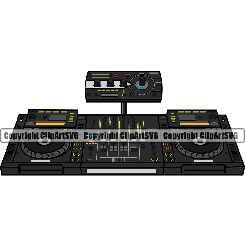 DJ Disc Jockey Music Vinyl Turntable Record Player Mixer Mixing Spin Spinning Scratch Scratching Album Club Sound Radio Dee Jay Stereo Beat Maker Setup Audio Modern CD Compact Color Art Design Logo Clipart SVG