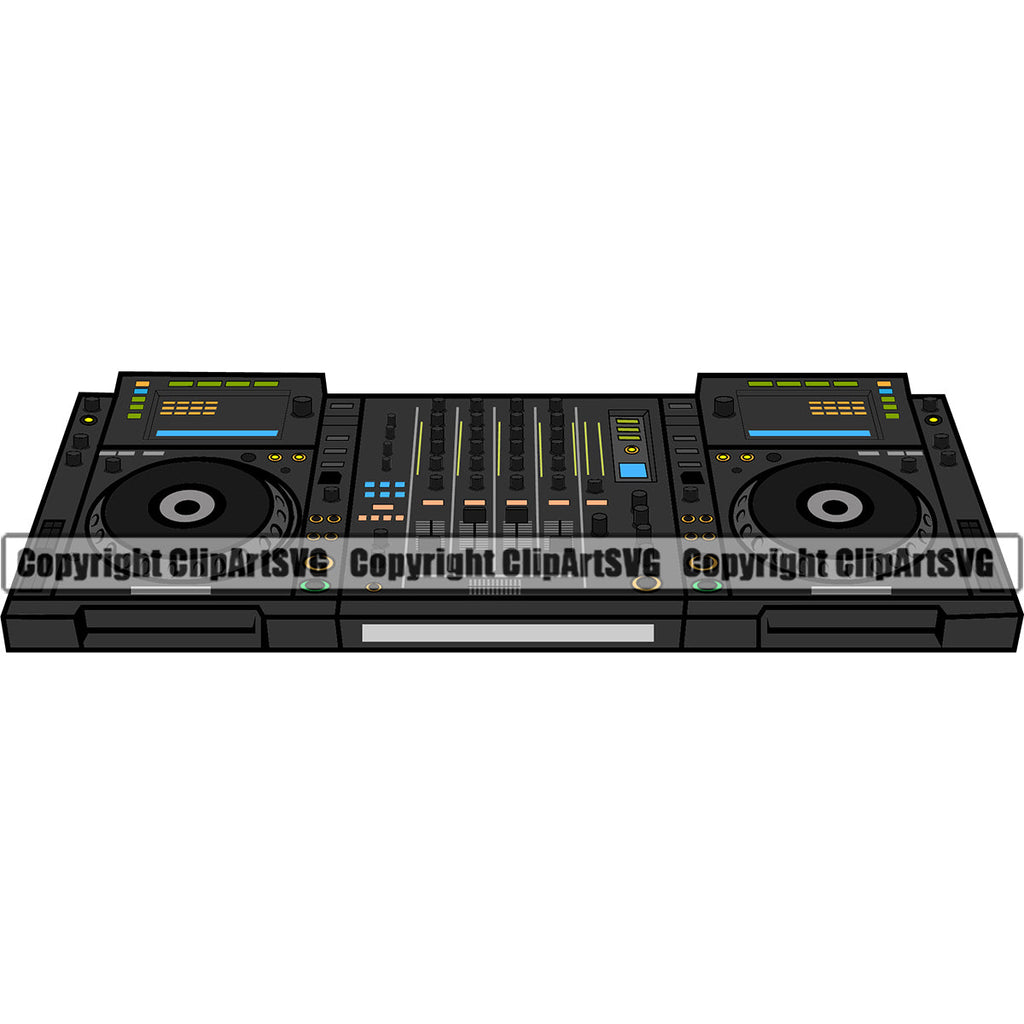 DJ Disc Jockey Music Vinyl Turntable Record Player Mixer Mixing Spin Spinning Scratch Scratching Album Club Sound Radio Dee Jay Stereo Beat Maker Setup Modern Audio CD Compact Art Color Design Logo Clipart SVG