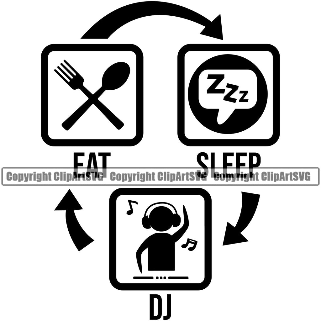 DJ Disc Jockey Music Vinyl Turntable Record Player Mixer Mixing Spin Spinning Scratch Scratching Album Club Sound Radio Dee Jay Stereo Beat Maker Eat Sleep Repeat Audio Art Color Design Logo Clipart SVG