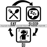 DJ Disc Jockey Music Vinyl Turntable Record Player Mixer Mixing Spin Spinning Scratch Scratching Album Club Sound Radio Dee Jay Stereo Beat Maker Eat Sleep Repeat Audio Art Color Design Logo Clipart SVG