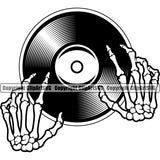 DJ Disc Jockey Music Vinyl Turntable Record Player Mixer Mixing Spin Spinning Scratch Scratching Album Club Sound Radio Dee Jay Stereo Beat Maker Deejay Hat Headphones Scary Skeleton Hand Color Art Design Logo Clipart SVG