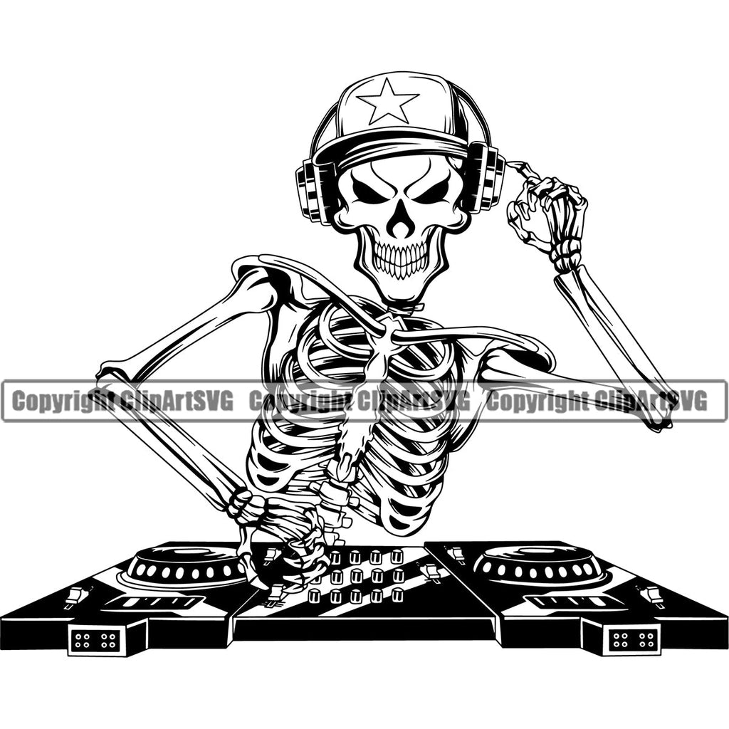 DJ Disc Jockey Music Vinyl Turntable Record Player Mixer Mixing Spin Spinning Scratch Scratching Album Club Sound Radio Dee Jay Stereo Beat Maker Deejay Skeleton Skull Hat Headphones Art Silhouette Design Logo Clipart SVG