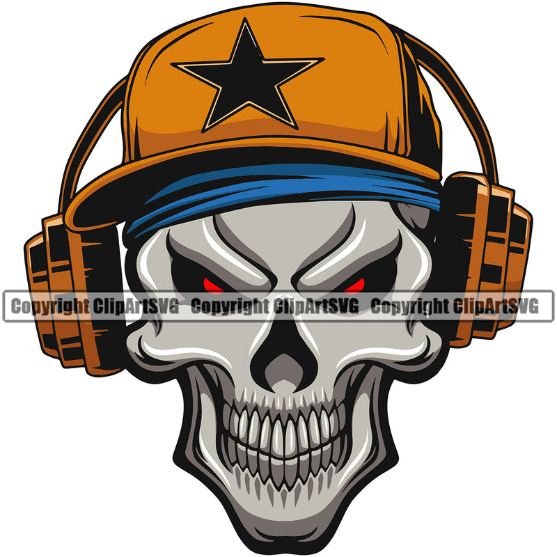 DJ Disc Jockey Music Vinyl Turntable Record Player Mixer Mixing Spin Spinning Scratch Scratching Album Club Sound Radio Dee Jay Stereo Beat Maker Deejay Skeleton Skull With Red Eye Hat Headphones Color Art Design Logo Clipart SVG