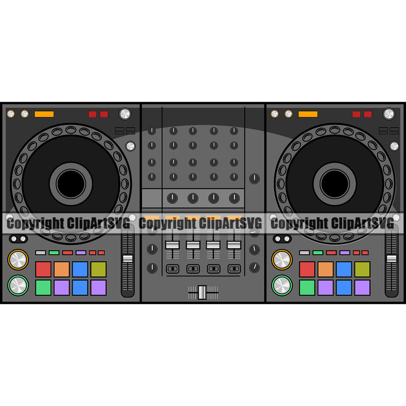 DJ Disc Jockey Music Vinyl Turntable Record Player Mixer Mixing Spin Spinning Scratch Scratching Album Club Sound Radio Dee Jay Stereo Beat Maker Setup Retro Color Art Design Logo Clipart SVG