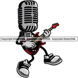 Microphone Cartoon Character Mic Audio Equipment Music Sound Studio Radio Voice Speech Sing Record Media Broadcast Vocal Vocalist Announce Announcer Rock N Roll Star Playing Guitar Heavy Metal Musician Band Play Song Art Color Design Logo Clipart SVG