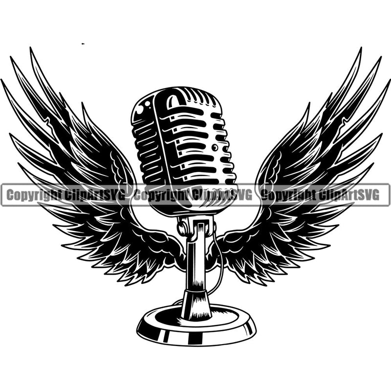 Microphone Mic Audio Equipment Music Sound Communication Karaoke Entertainment Studio Radio Voice Speech Sing Record Media Broadcast Vocal Vocalist Announce Announcer Wings Rock Roll Recording Silhouette Art Design Logo Clipart SVG
