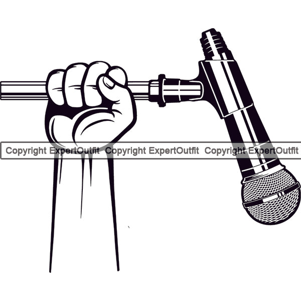 Microphone Mic Audio Equipment Music Sound Communication Karaoke Entertainment Studio Radio Voice Speech Sing Record Media Broadcast Vocal Vocalist Announce Announcer Hand Holding News Tv Old Retro Element Silhouette Art Design Logo Clipart SVG
