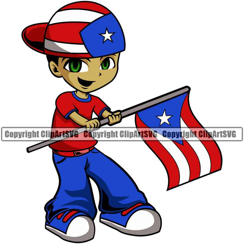 Puerto Rico Rican Flag Pride Spanish Country Nation Proud Caribbean Island Travel Cute Little Boy World Map Symbol Sign Art Design Element Logo