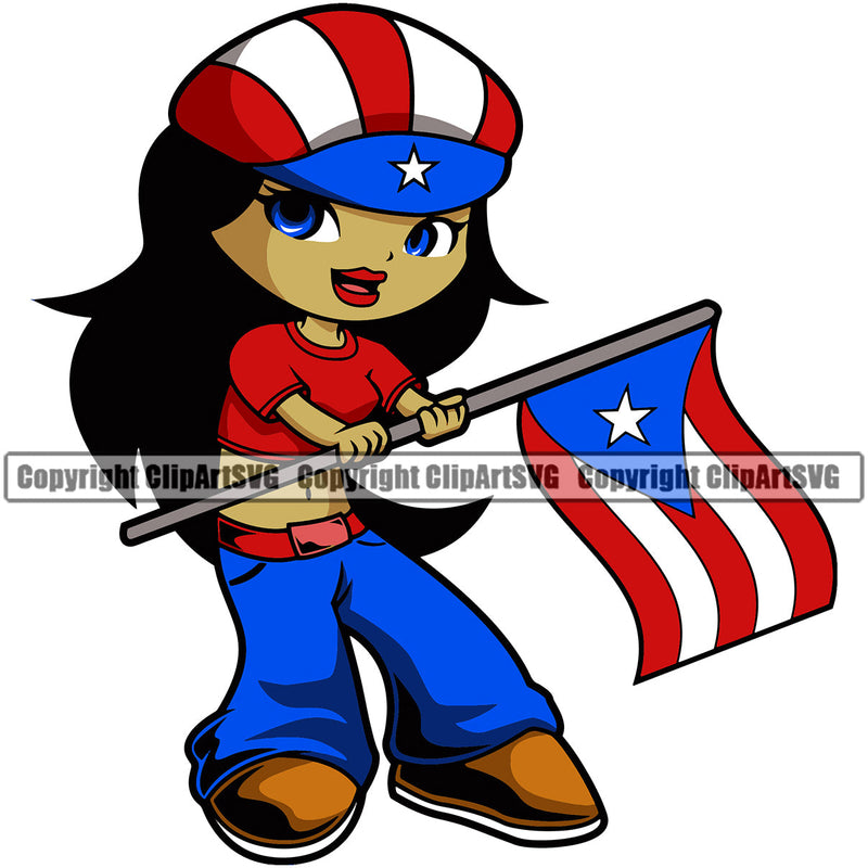 Puerto Rico Rican Flag Pride Spanish Country Nation Proud Caribbean Island Travel Cute Little Girl World Map Sign Symbol Design Element Logo