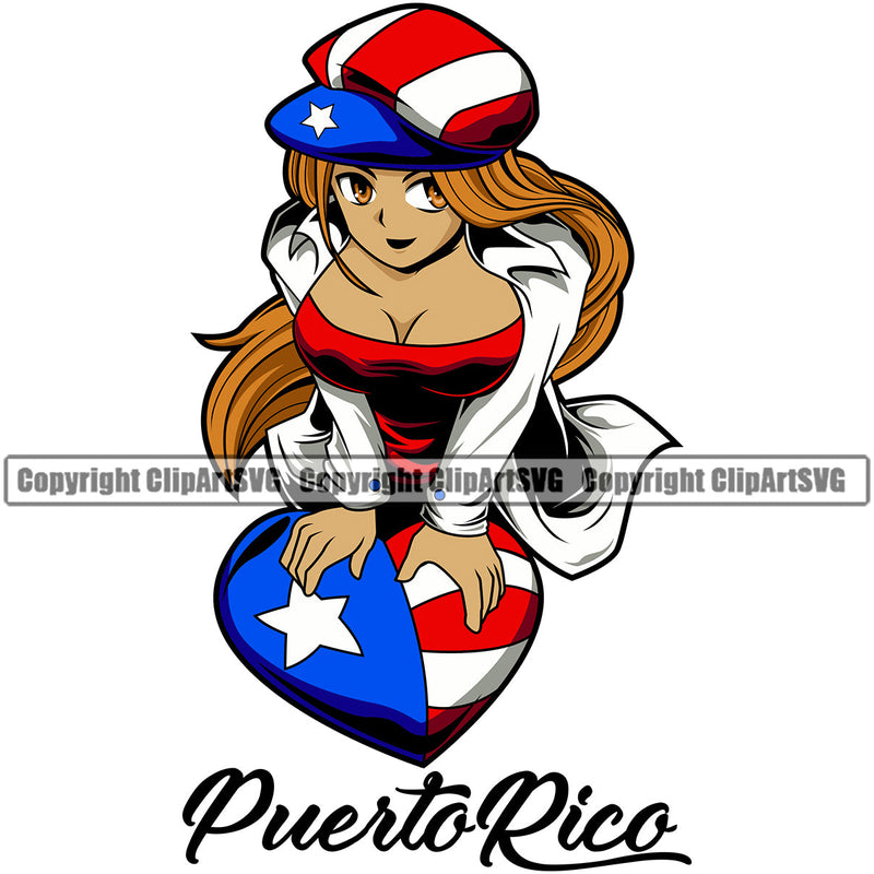 Puerto Rico Rican Flag Pride Spanish Country Nation Proud Caribbean Island Travel Woman Girl Heart Love World Map Sign Symbol Design Element Logo