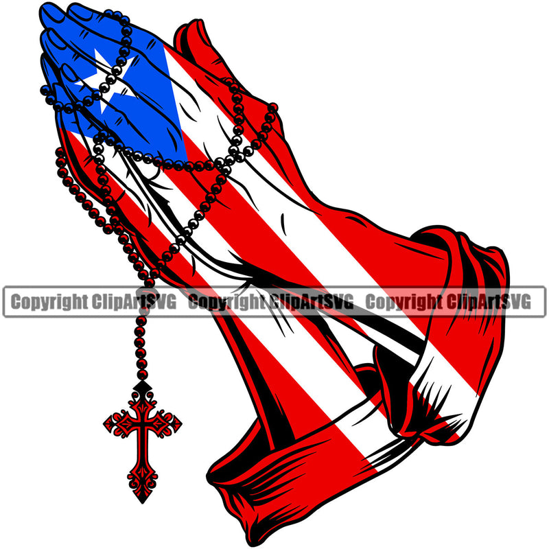 Puerto Rico Rican Flag Pride Spanish Country Nation Proud Caribbean Island Travel Praying Hands Rosary Beads Cross Jesus God Church Design Element Art Logo