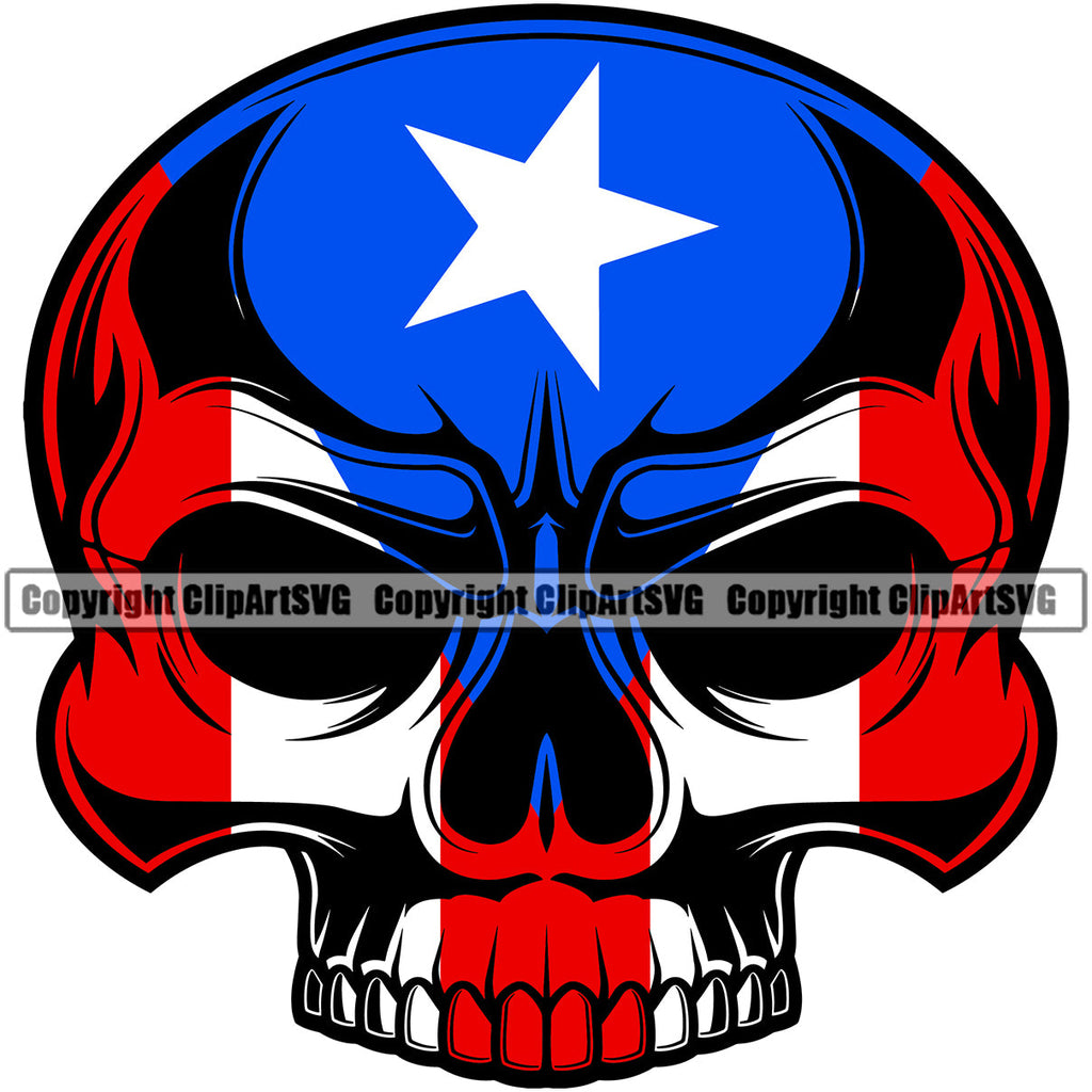 Puerto Rico Rican Flag Pride Spanish Country Nation Proud Caribbean Island Travel Grinning Scary Skull Kirk Half World Sign Symbol Icon Design Element Badge Grin Logo