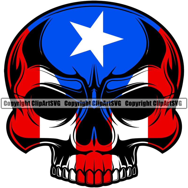 Puerto Rico Rican Flag Pride Spanish Country Nation Proud Caribbean Island Travel Grinning Scary Skull Kirk Half World Sign Symbol Icon Design Element Badge Grin Logo