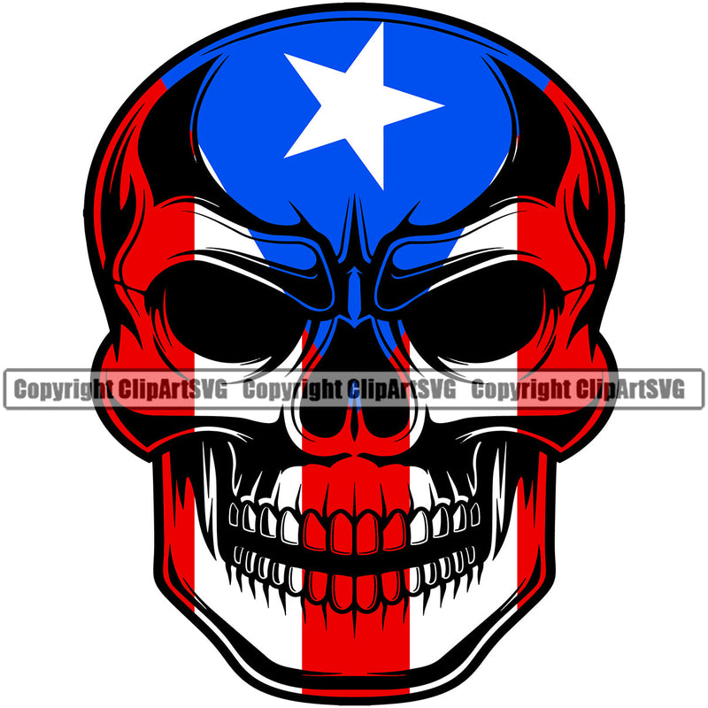 Puerto Rico Rican Flag Pride Spanish Country Nation Proud Caribbean Island Travel Grinning Scar Skull Kirk Open World Sign Symbol Icon Design Element Badge Grin Logo