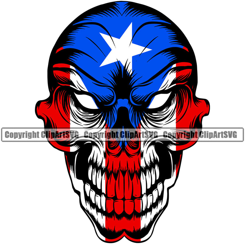 Puerto Rico Rican Flag Pride Spanish Country Nation Proud Caribbean Island Travel Grinning Scary Skull Mean Closed World Sign Symbol Icon Design Element Badge Grin Logo