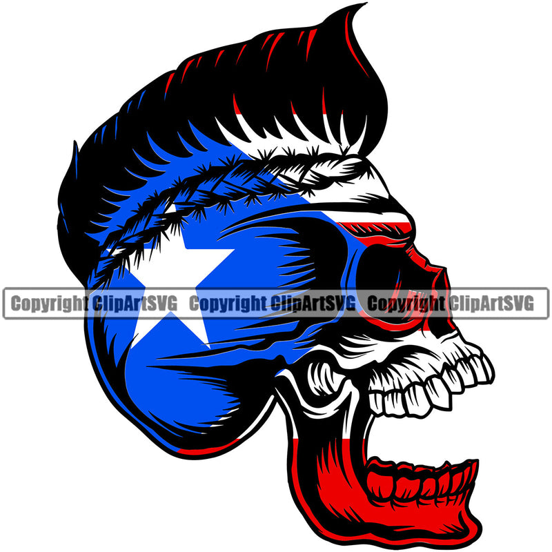 Puerto Rico Rican Flag Pride Spanish Country Nation Proud Caribbean Island Travel Grinning Scary Skull Mohawk Wide World Sign Symbol Icon Design Element Badge Grin Logo
