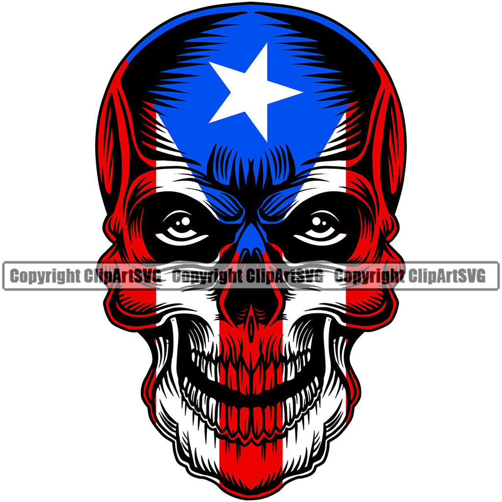 Puerto Rico Rican Flag Pride Spanish Country Nation Proud Caribbean Island Travel Scary Skull Real Eyes Open Mask National Symbol Logo