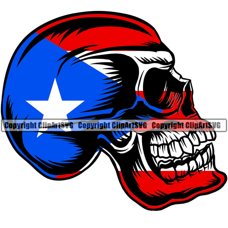 Puerto Rico Rican Flag Pride Spanish Country Nation Proud Caribbean Island Travel Grinning Scary Skull Side Closed World Sign Symbol Icon Design Element Badge Grin Logo