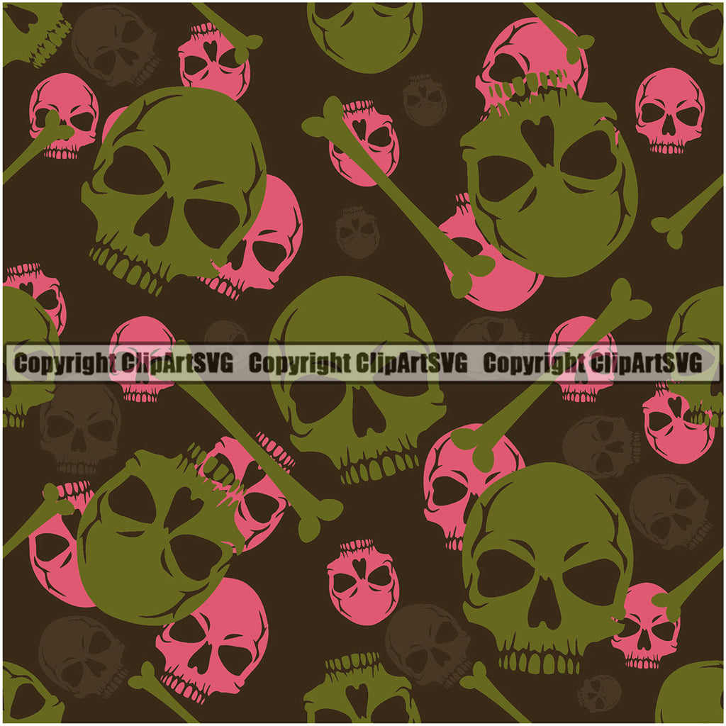 Scary Skull Skeleton Camo Camuflage Seamless Pattern Print Crossbones Big Green And Pink Camouflage Jungle War Wrap Cover Graphic Design Decor Logo