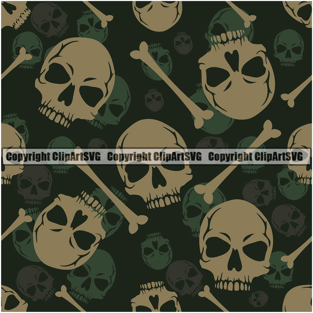 Scary Skull Skeleton Camo Camuflage Seamless Pattern Print Crossbones Big Green Camouflage Jungle War Wrap Cover Graphic Design Decor Logo