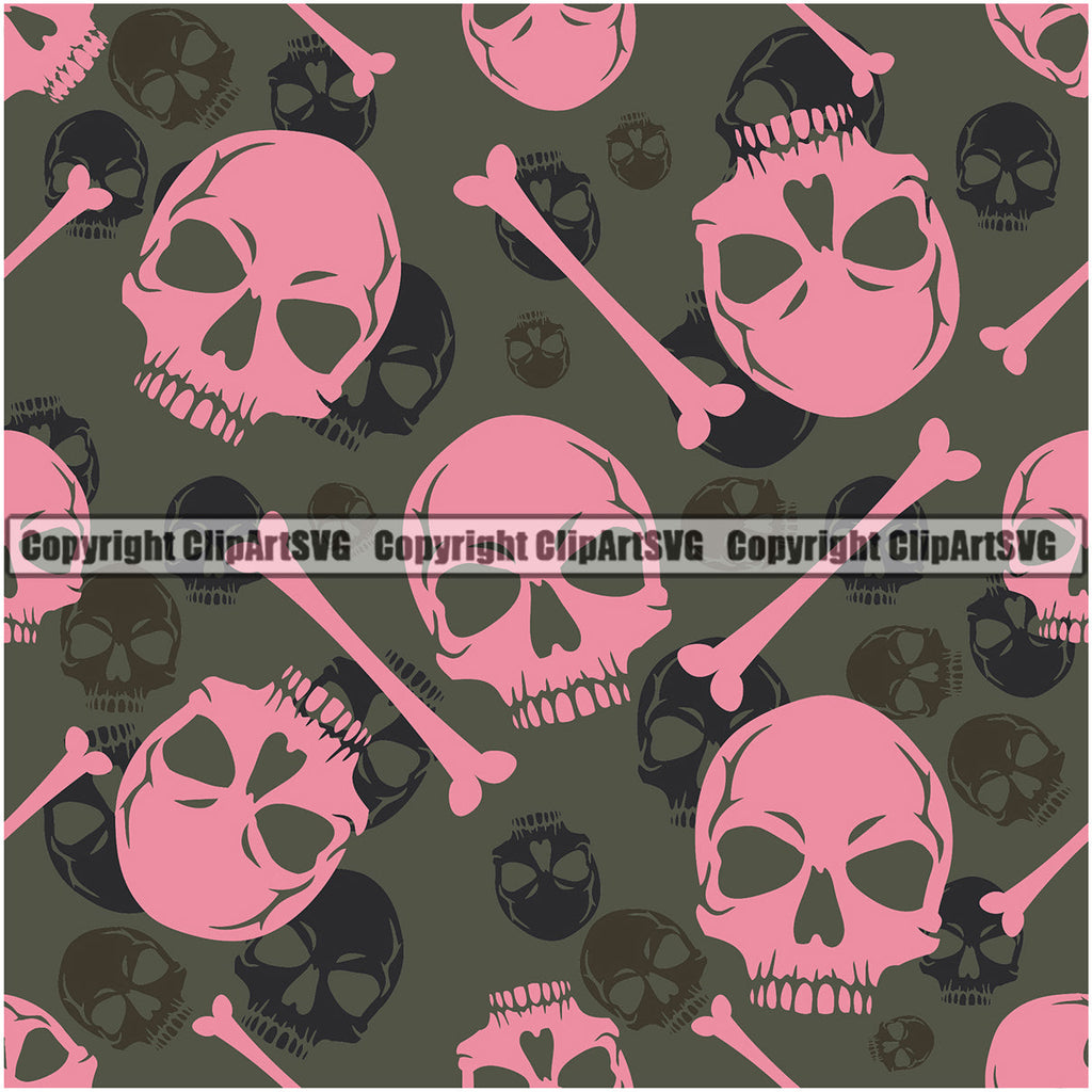 Scary Skull Skeleton Camo Camuflage Seamless Pattern Print Crossbones Big Pink And Green Camouflage Jungle War Wrap Cover Graphic Design Decor Logo